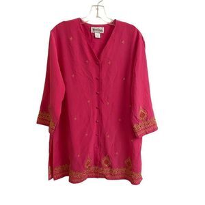 Diane Von Furstenberg Silk Assets Hot Pink Silk Tunic Gold Embroidery Beading M